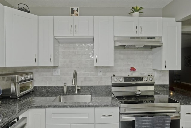 kitchen featuring a toaster, electric range, backsplash, a sink, and under cabinet range hood