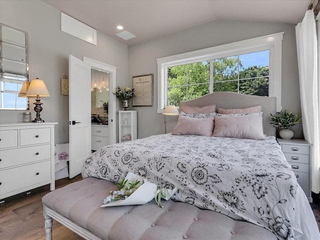 bedroom featuring lofted ceiling and dark wood finished floors