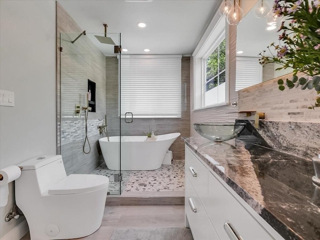 full bath featuring toilet, recessed lighting, a freestanding bath, and vanity