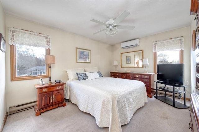 bedroom with ceiling fan, a wall mounted AC, baseboard heating, and light carpet