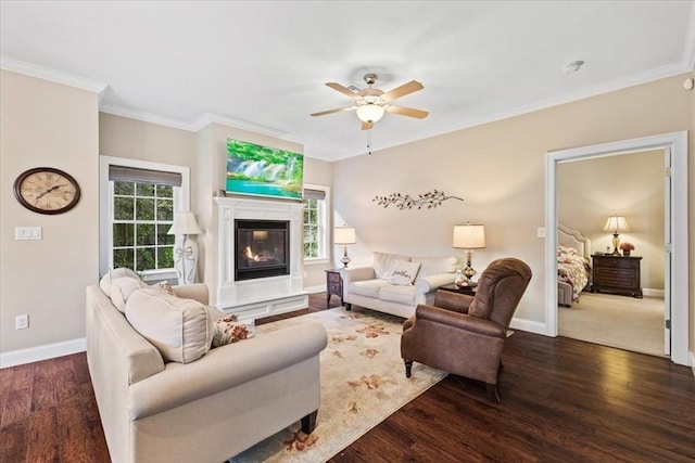 living room featuring ornamental molding, dark wood-type flooring, and ceiling fan