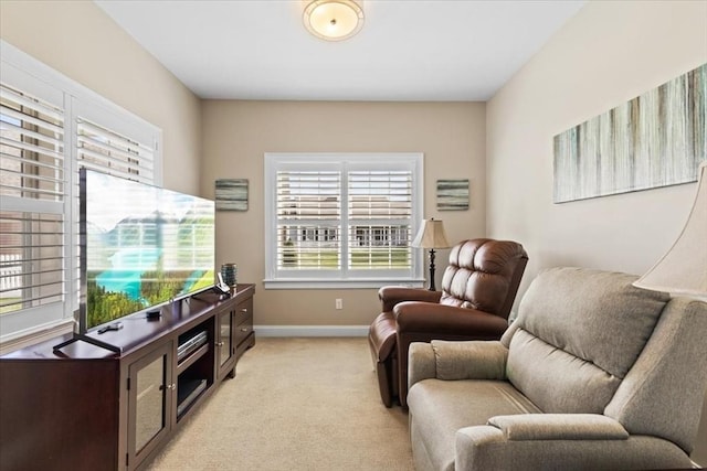 living area with light colored carpet