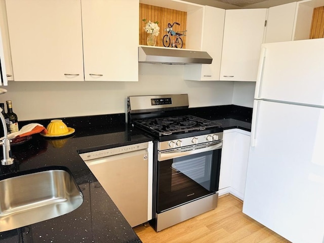 kitchen with white appliances, ventilation hood, light wood-style floors, white cabinetry, and open shelves