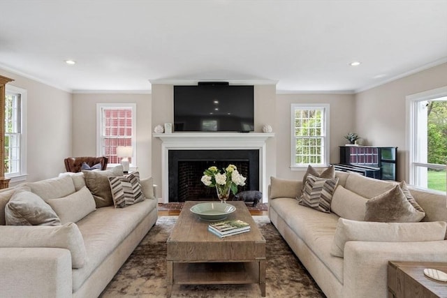 894 Great Pond Rd, North Andover, MA 01845 - living area with healthy amount of natural light, a fireplace with raised hearth, ornamental molding, and recessed lighting