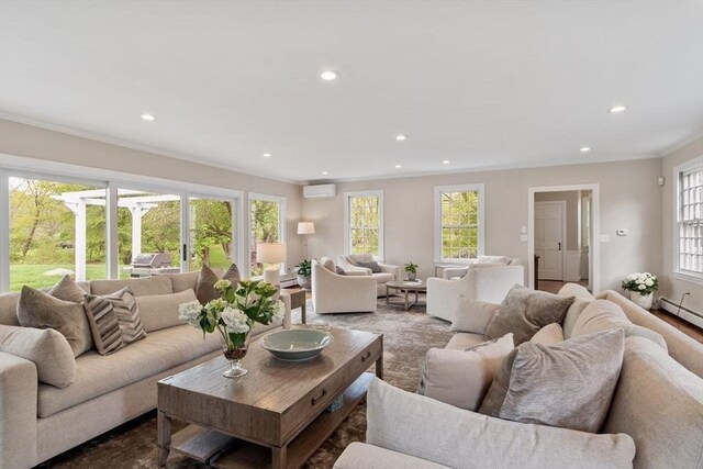 894 Great Pond Rd, North Andover, MA 01845 - living room featuring an AC wall unit, plenty of natural light, recessed lighting, and crown molding