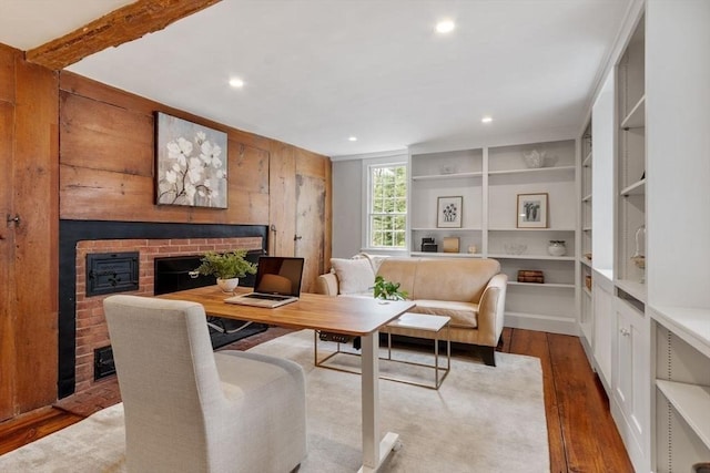 894 Great Pond Rd, North Andover, MA 01845 - living area featuring a fireplace, wood finished floors, recessed lighting, and wooden walls