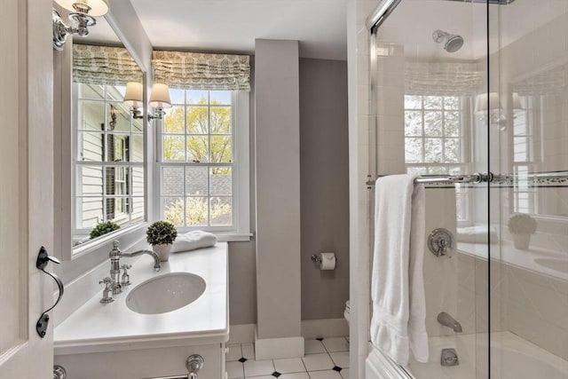 894 Great Pond Rd, North Andover, MA 01845 - bathroom featuring toilet, vanity, bath / shower combo with glass door, a chandelier, and tile patterned floors