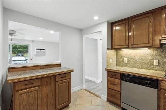 386 Great Rd Unit A3, Acton, MA 01720 - kitchen with dishwasher, a wall mounted AC, tasteful backsplash, light tile patterned flooring, and a ceiling fan