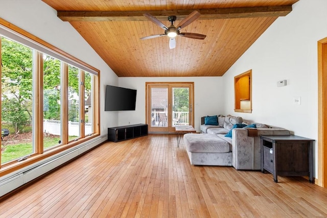 living area with a baseboard radiator, wooden ceiling, light wood finished floors, and a ceiling fan