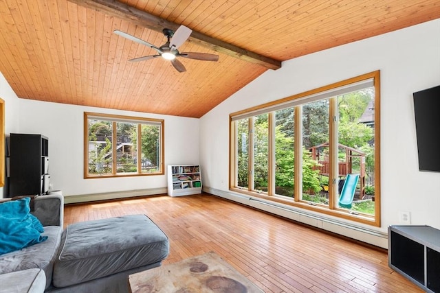 living room featuring light wood-type flooring, a baseboard heating unit, wooden ceiling, a ceiling fan, and baseboards