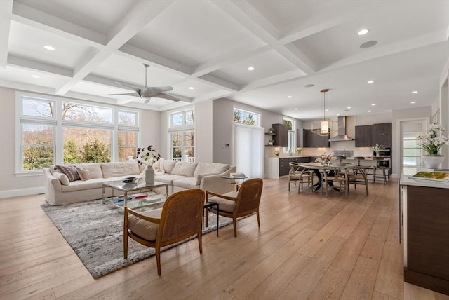 living area featuring beam ceiling, coffered ceiling, light wood-style flooring, and recessed lighting