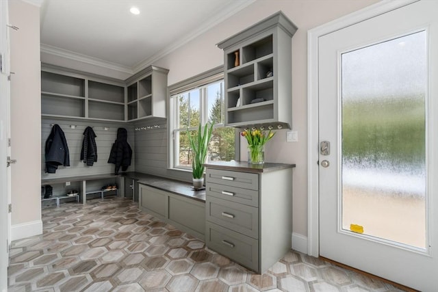 mudroom featuring ornamental molding and baseboards