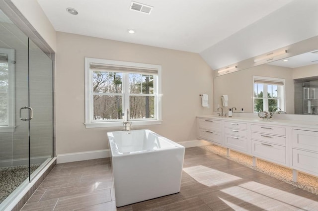 full bath featuring baseboards, visible vents, and a healthy amount of sunlight