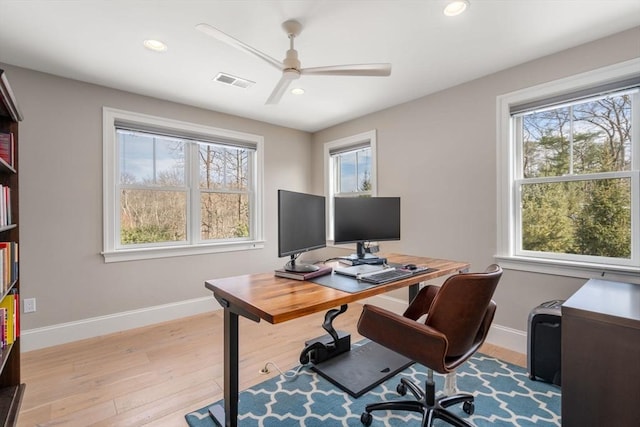 home office with light wood-style floors, baseboards, visible vents, and recessed lighting