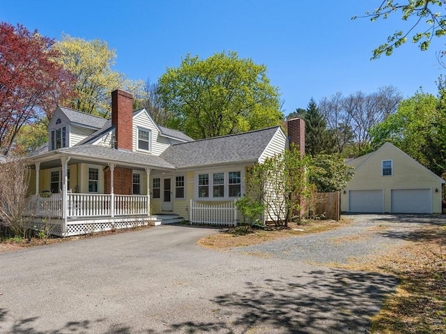 view of front of house featuring a detached garage, an outbuilding, a chimney, and a porch