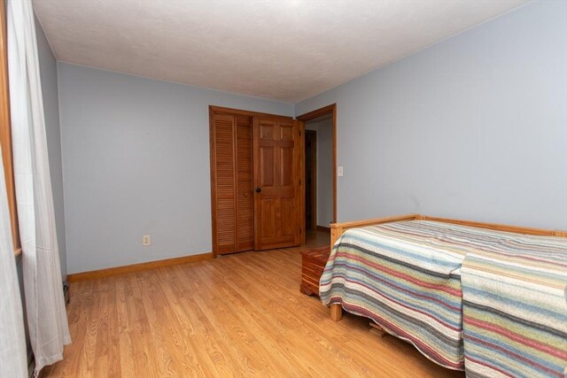 bedroom featuring light wood-type flooring and a baseboard heating unit