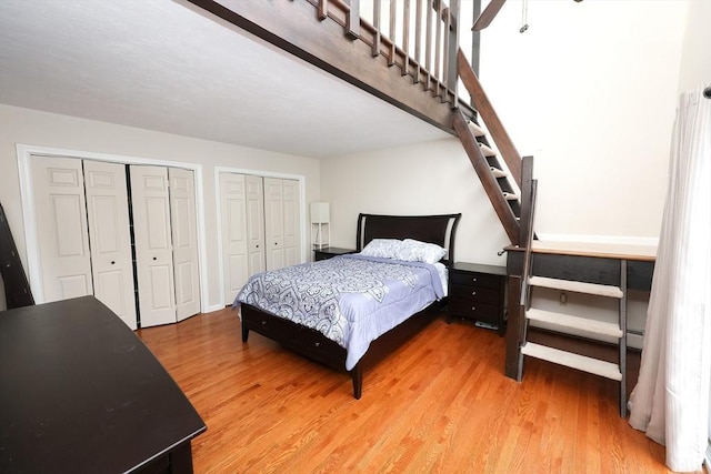 bedroom with two closets and hardwood / wood-style flooring