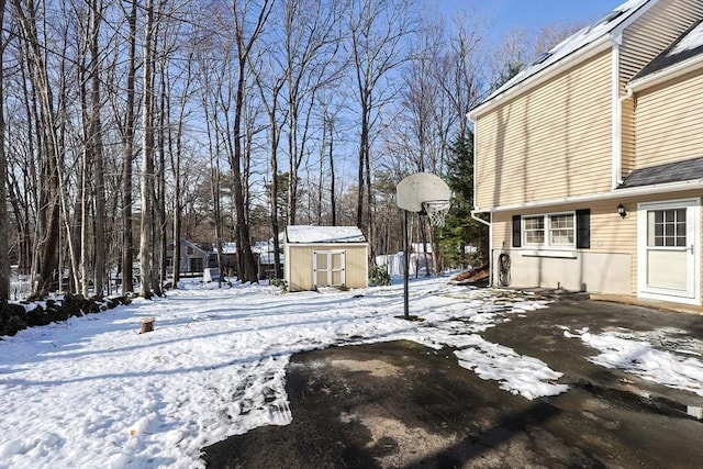 yard covered in snow with a shed