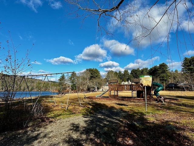 view of play area with a water view