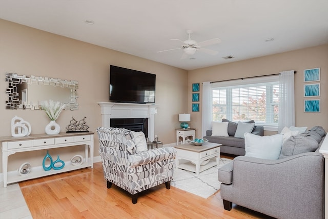 living room with ceiling fan and wood-type flooring