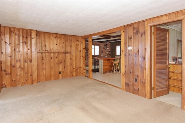 spare room featuring light carpet and wooden walls