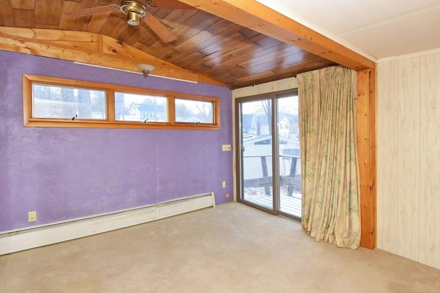 carpeted empty room with wood walls, vaulted ceiling, ceiling fan, a baseboard radiator, and wood ceiling