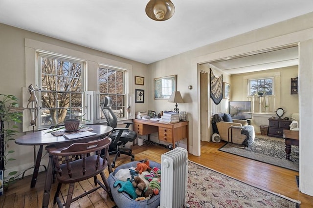 office with radiator and hardwood / wood-style flooring