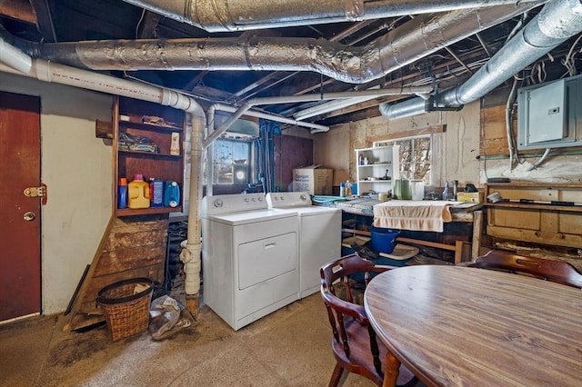 basement featuring washing machine and dryer and electric panel