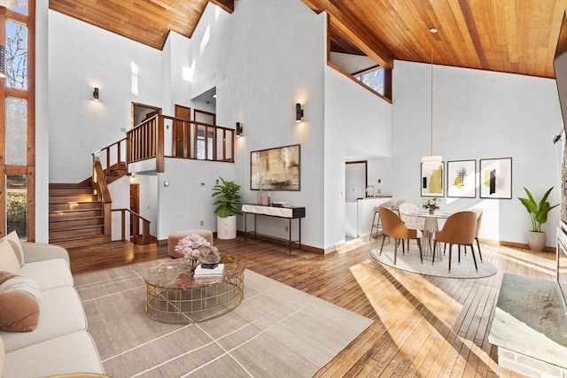 living room with a healthy amount of sunlight, wood-type flooring, high vaulted ceiling, and wooden ceiling