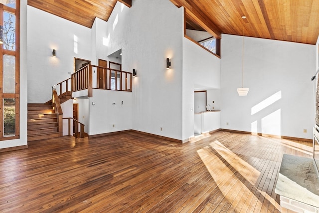 unfurnished living room featuring wood-type flooring, high vaulted ceiling, and wooden ceiling