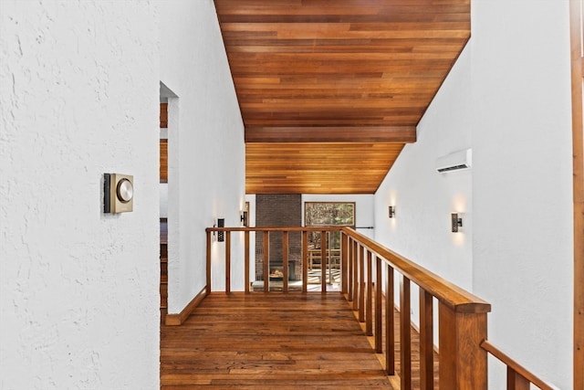 hall with dark hardwood / wood-style flooring, wood ceiling, and vaulted ceiling