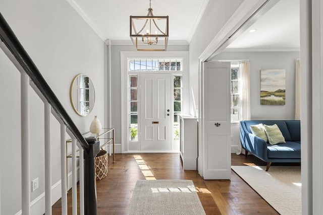 entryway with crown molding, a chandelier, and dark hardwood / wood-style flooring