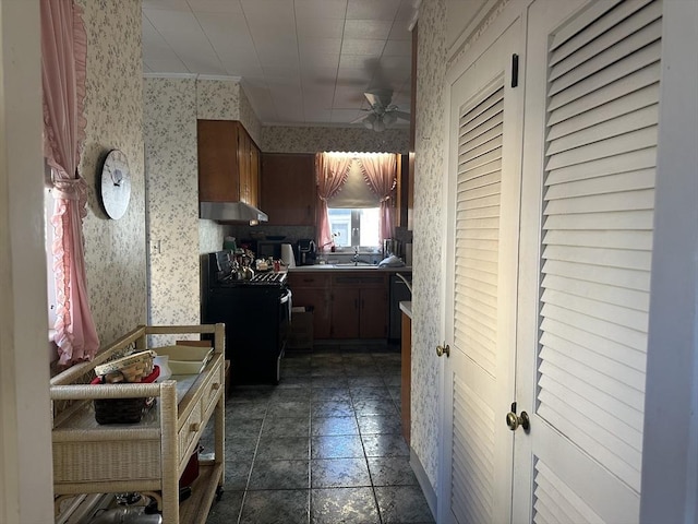 kitchen featuring crown molding, stove, sink, and ceiling fan