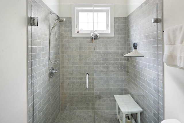 bathroom featuring a shower with door