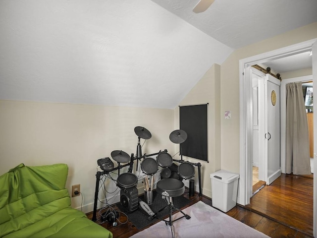 5 Adams St, Littleton, MA 01460 - living area featuring wood-type flooring, vaulted ceiling, baseboards, and a ceiling fan