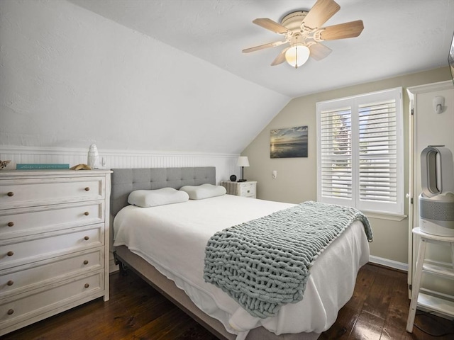 5 Adams St, Littleton, MA 01460 - bedroom featuring dark wood-style flooring, lofted ceiling, baseboards, and ceiling fan