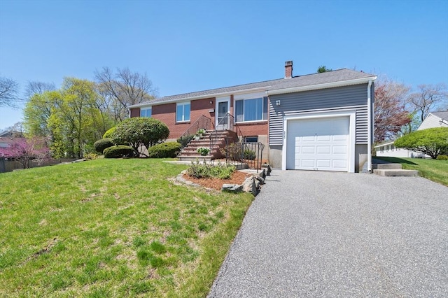 ranch-style home featuring an attached garage, a front lawn, aphalt driveway, and a chimney