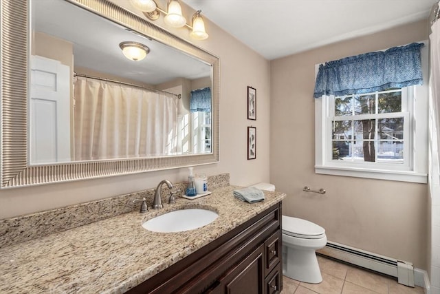 full bathroom featuring toilet, tile patterned floors, a baseboard heating unit, and vanity