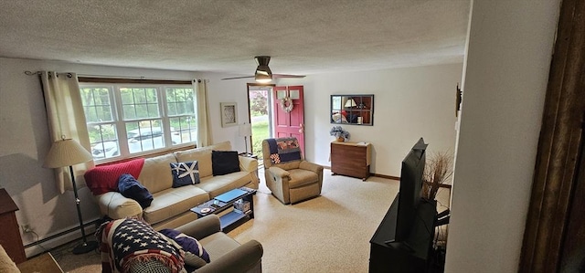3 Kenneth St, Sandwich, MA 02537 - living area with a baseboard heating unit, carpet, ceiling fan, and a textured ceiling