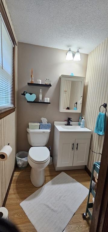 3 Kenneth St, Sandwich, MA 02537 - bathroom with toilet, vanity, a textured ceiling, wood finished floors, and radiator