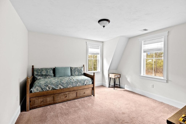 bedroom featuring visible vents, baseboards, and carpet floors