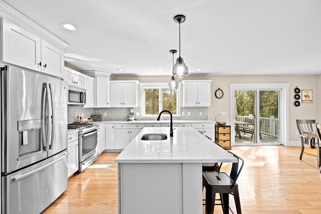 kitchen featuring light wood finished floors, an island with sink, a sink, decorative backsplash, and appliances with stainless steel finishes