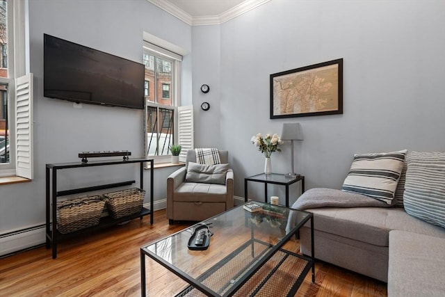 interior space with hardwood / wood-style flooring and ornamental molding