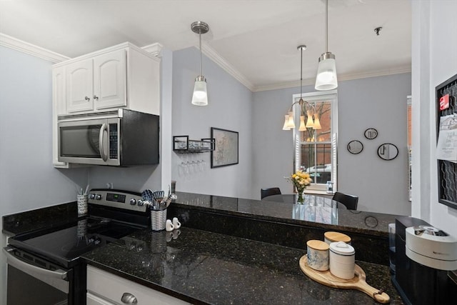 kitchen with white cabinets, stainless steel appliances, dark stone counters, hanging light fixtures, and crown molding