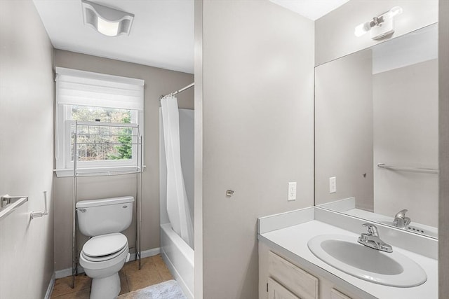 239 Upper County Rd, Dennis, MA 02660 - full bath featuring toilet, vanity, baseboards, tile patterned flooring, and shower / bath combination with curtain
