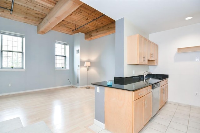 kitchen featuring a sink, light brown cabinetry, stainless steel dishwasher, and wood ceiling