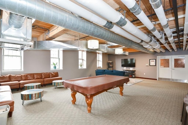 recreation room featuring carpet flooring, pool table, and baseboards