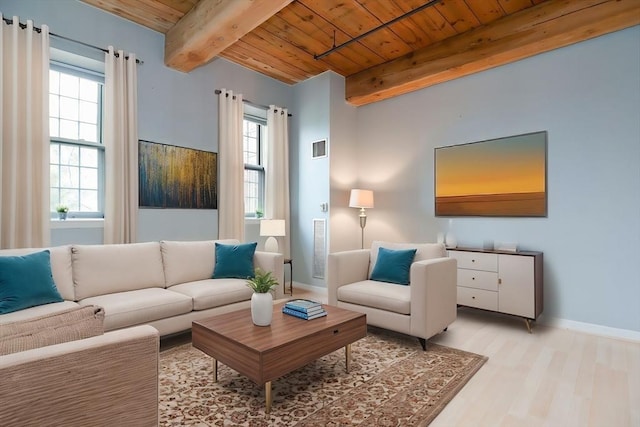 living area featuring plenty of natural light, wood ceiling, beam ceiling, and visible vents