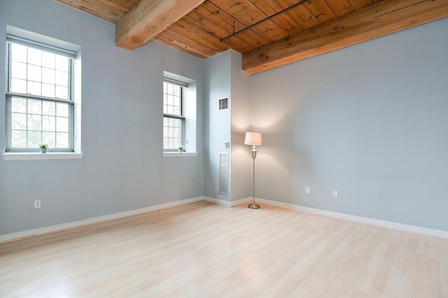 unfurnished room with visible vents, wood finished floors, wooden ceiling, baseboards, and beamed ceiling