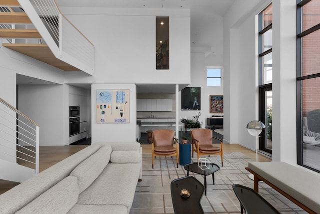 living room featuring a high ceiling and hardwood / wood-style floors